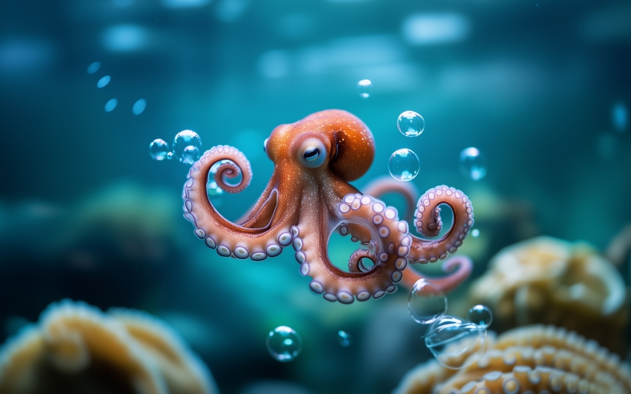 Осьминог с пузырями под водой