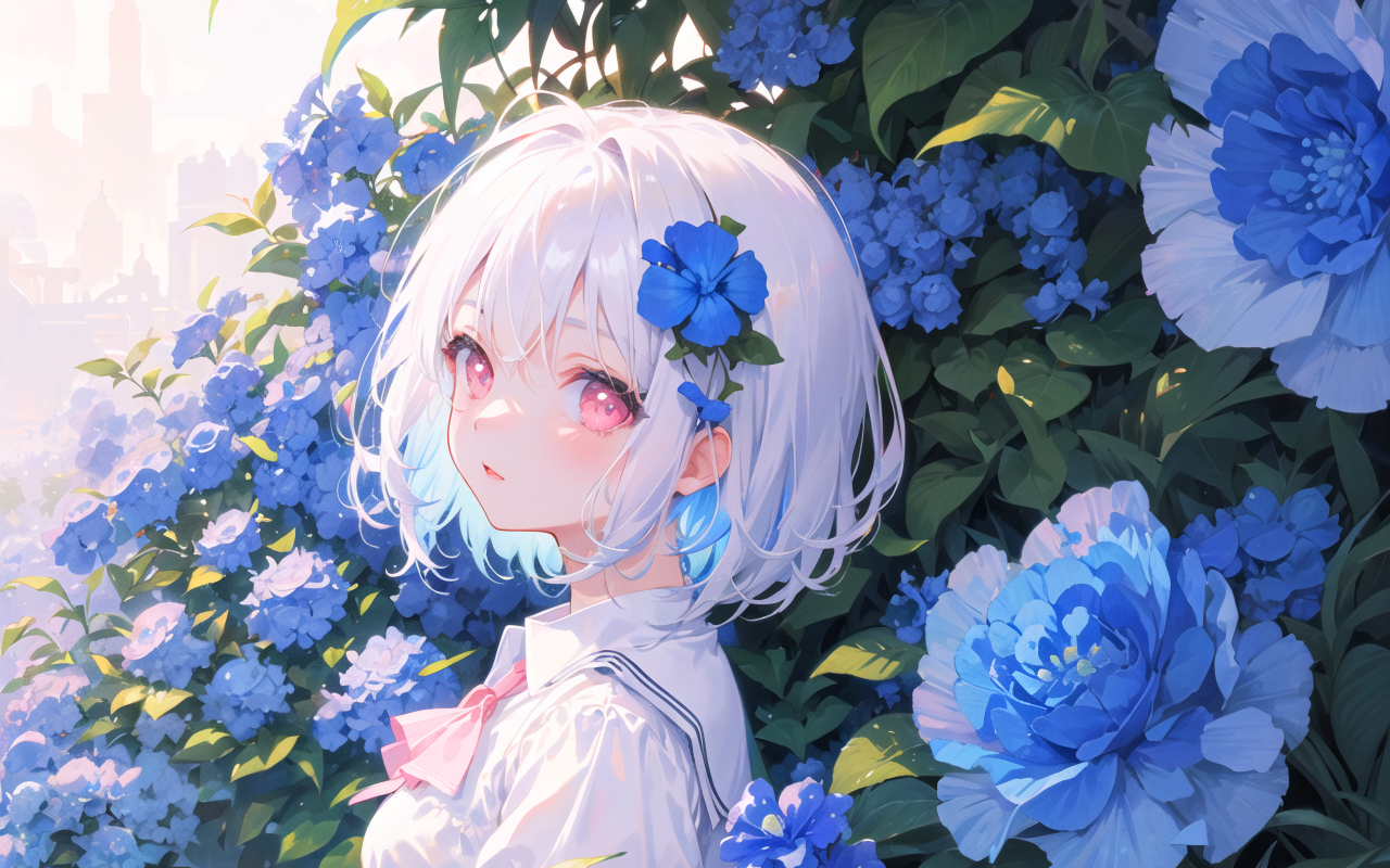 Девушка аниме на фоне голубых цветов