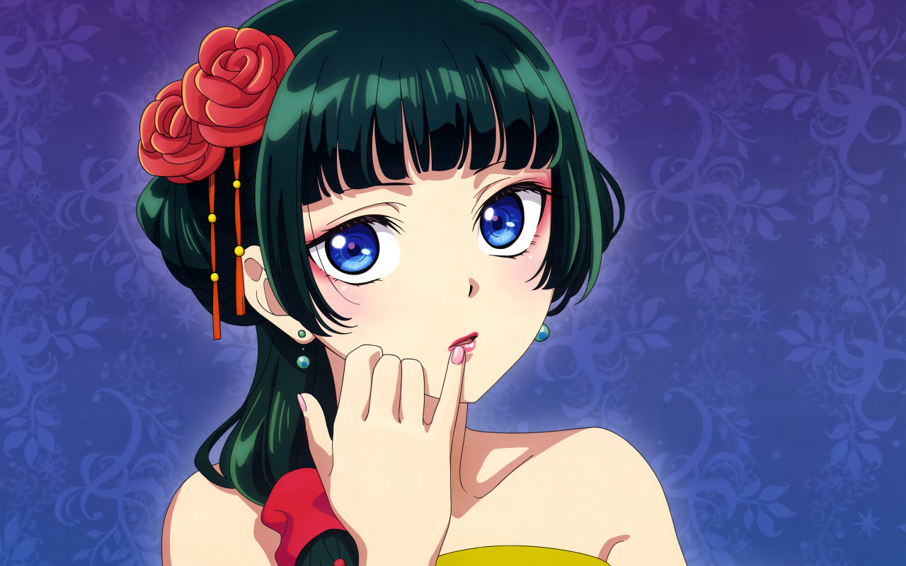Девушка аниме с большими синими глазами с розами в волосах