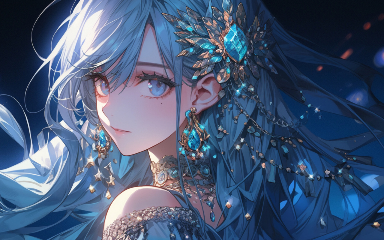 Девушка аниме с синими волосами с драгоценными камнями