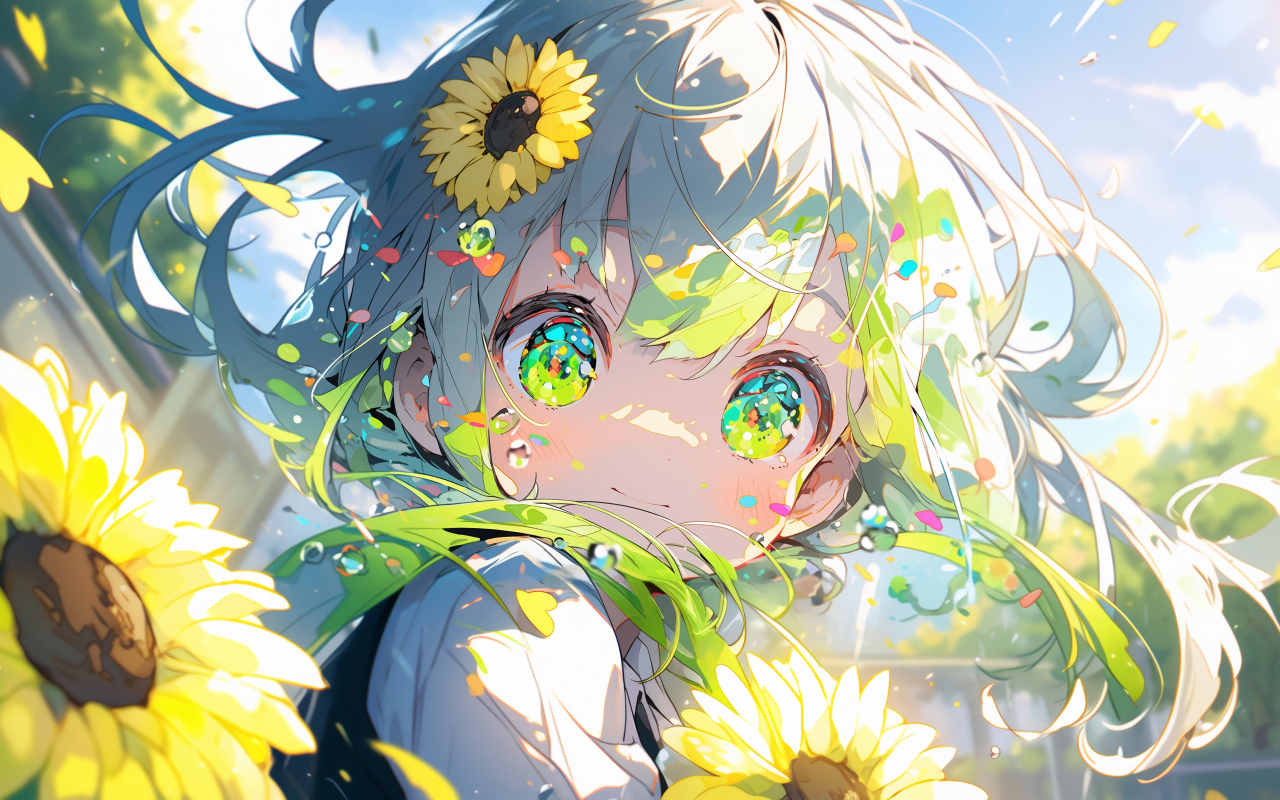 Зеленоглазая девочка аниме с подсолнухами