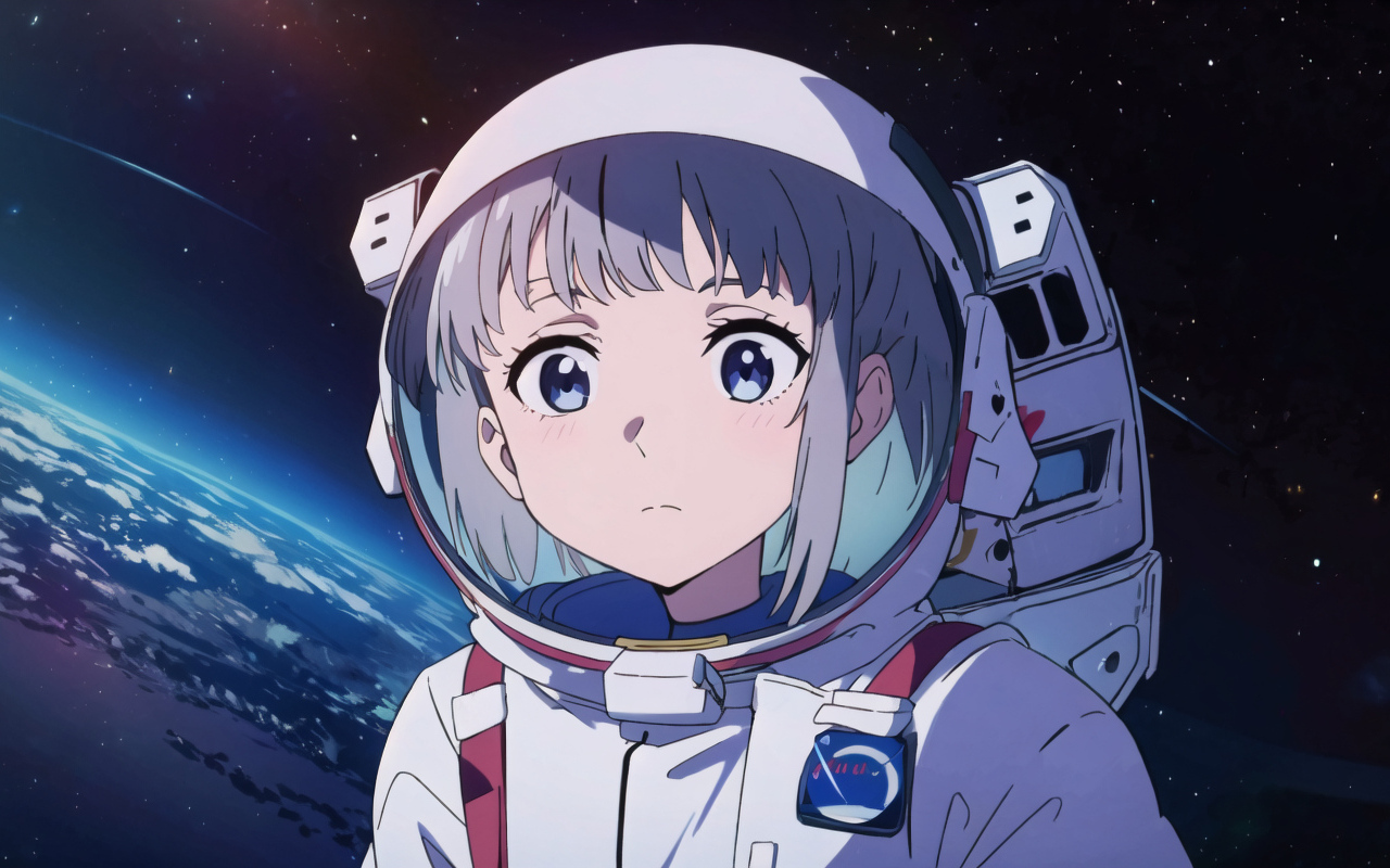Испуганная девушка аниме в космосе