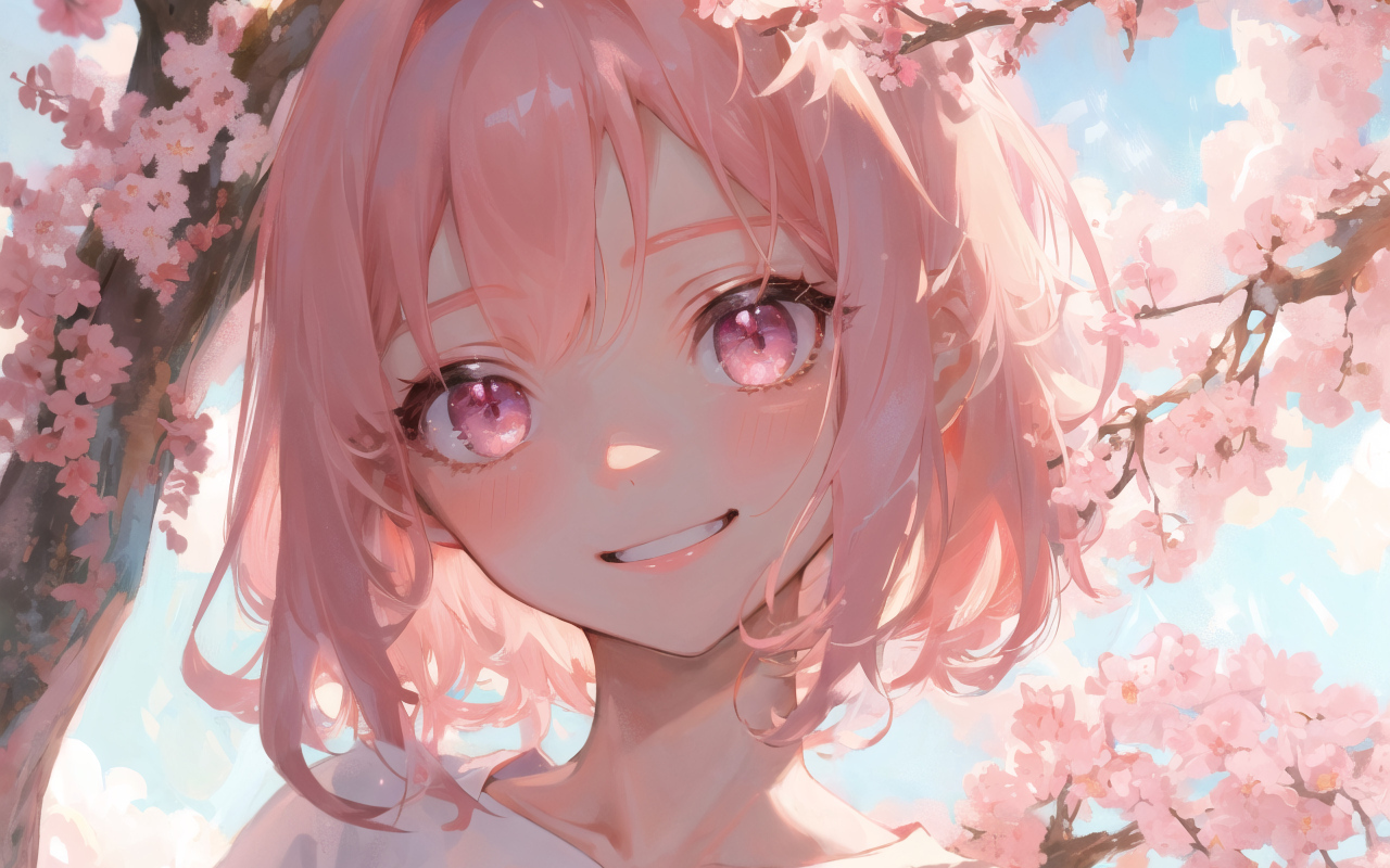 Улыбающаяся девушка аниме с розовыми волосами на фоне цветов