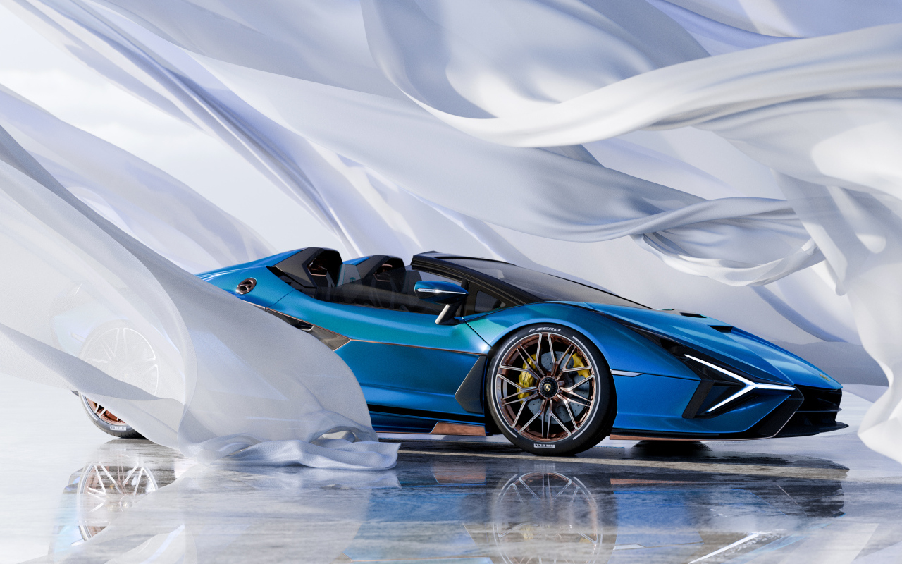 Голубой автомобиль Lamborghini Sián Roadster