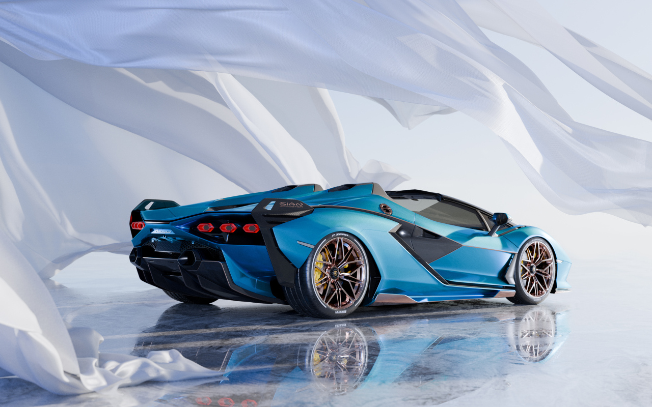 Вид сзади на голубой автомобиль Lamborghini Sián Roadster CGI