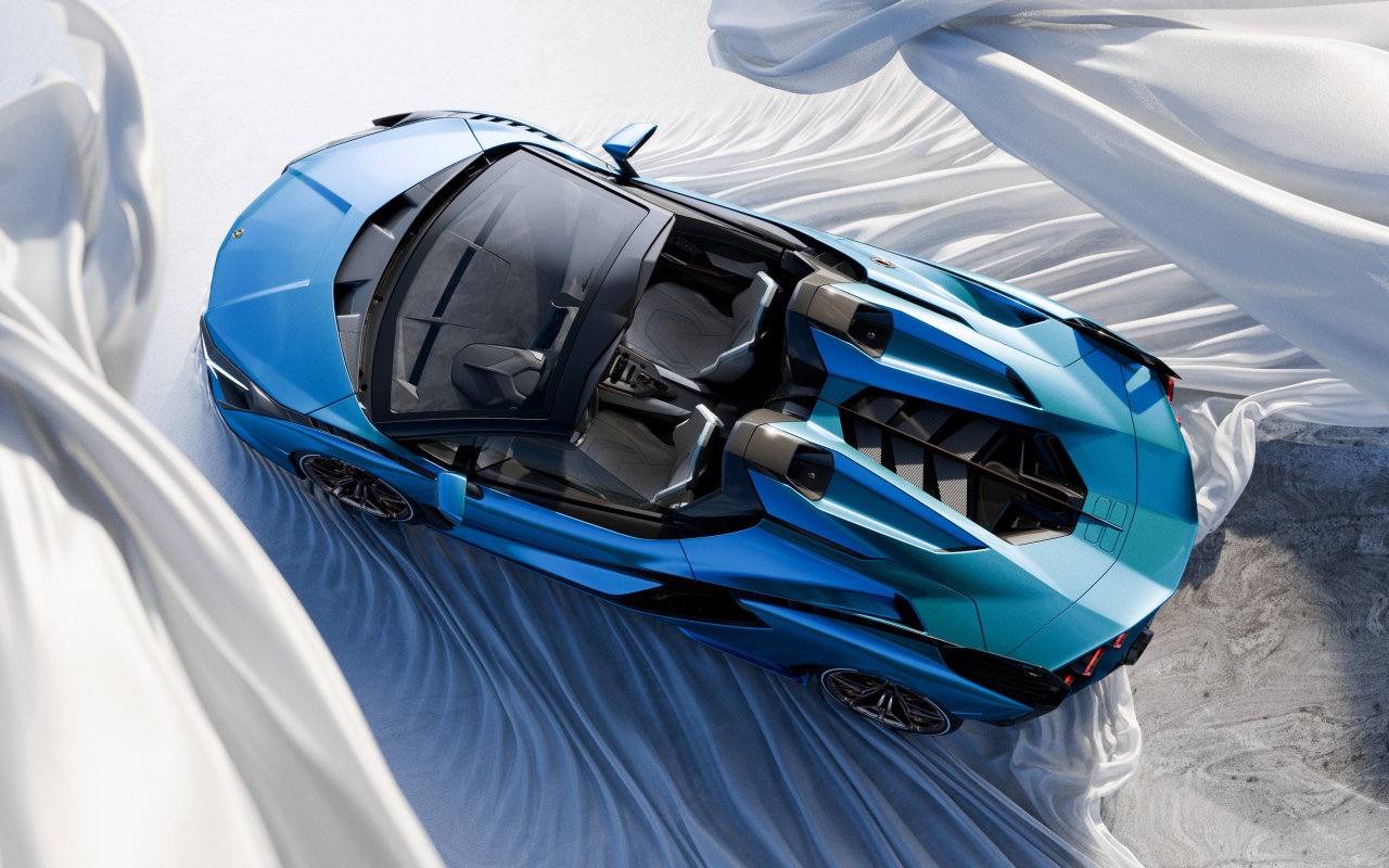 Вид сверху на голубой автомобиль Lamborghini Sián Roadster