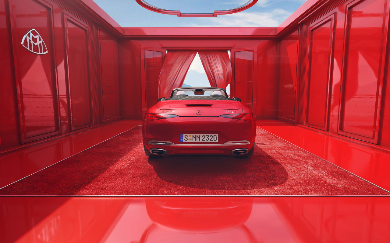 Красный автомобиль Mercedes-Maybach SL 680 Monogram Series 2024 года вид сзади