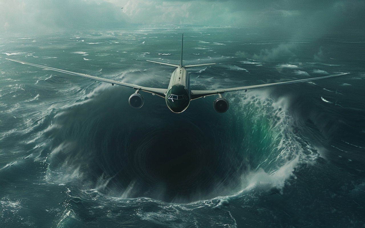 Самолет затягивает в воронку в море