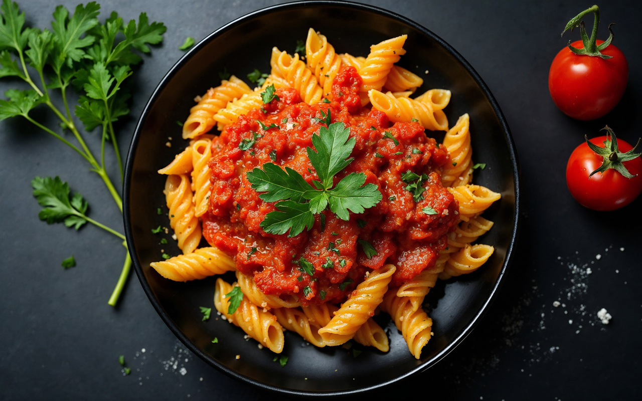 Макароны с томатной пастой на тарелке