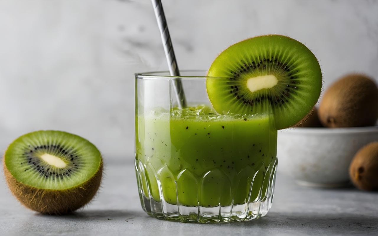 Стакан сока киви на столе с фруктами