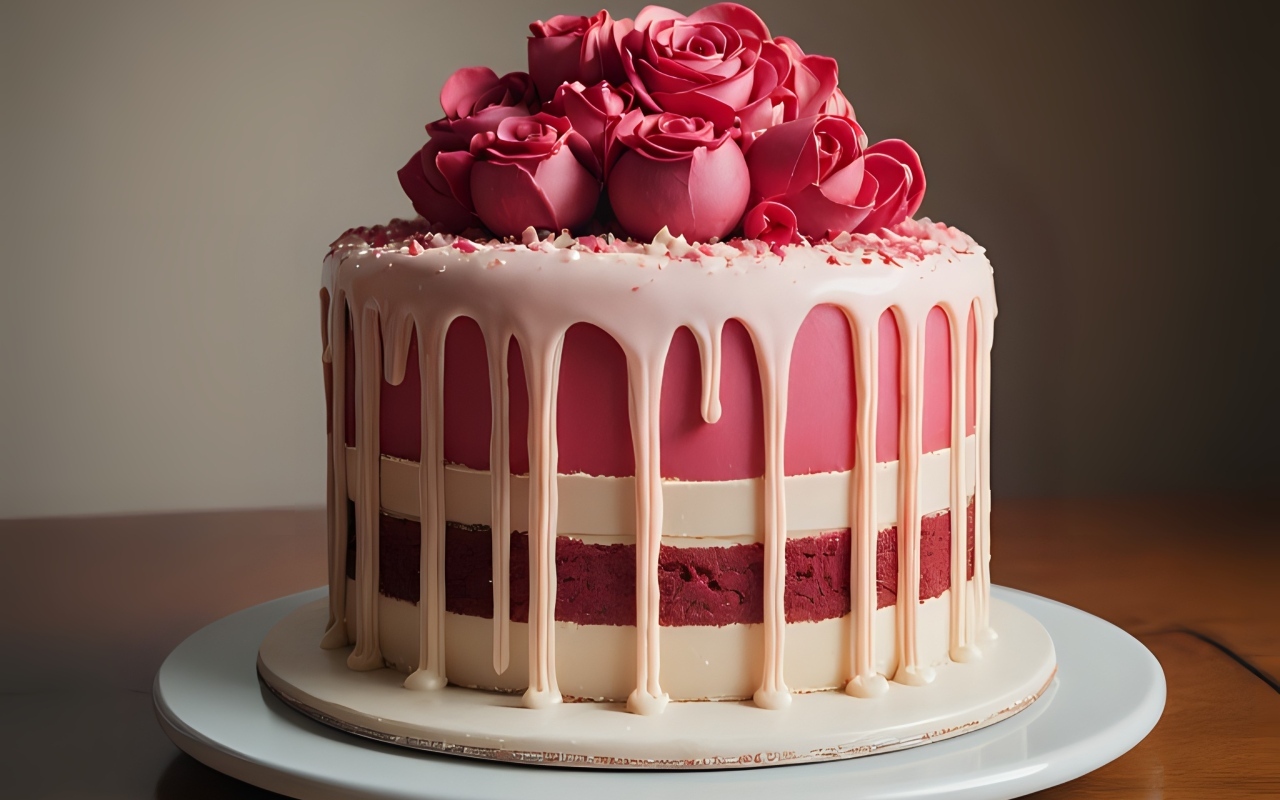 Красивый торт с кремовыми розами на тарелке