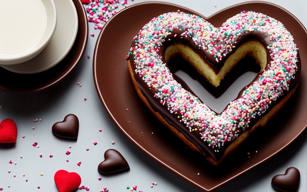 Торт в форме сердца с шоколадом на столе