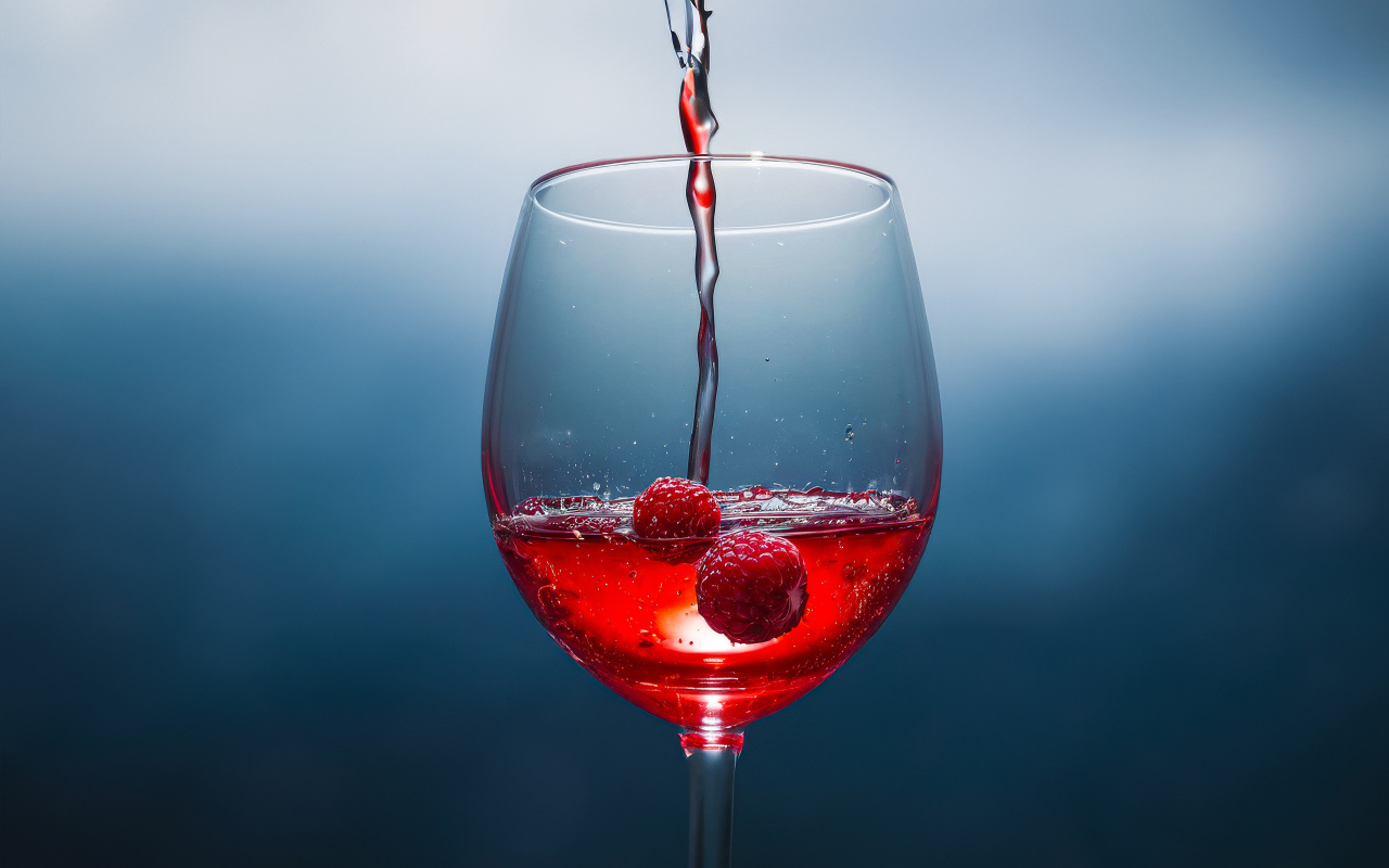 Вино наливают в бокал с ягодами малины на сером фоне