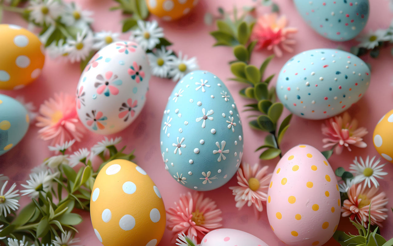 Красивые разноцветные яйца с цветами на розовом фоне на Пасху