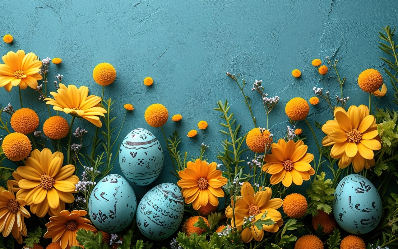 Синий фон с цветами и яйцами на Пасху
