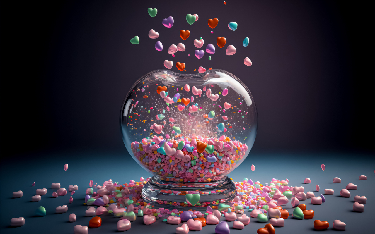Стеклянный сосуд с маленькими разноцветными сердечками