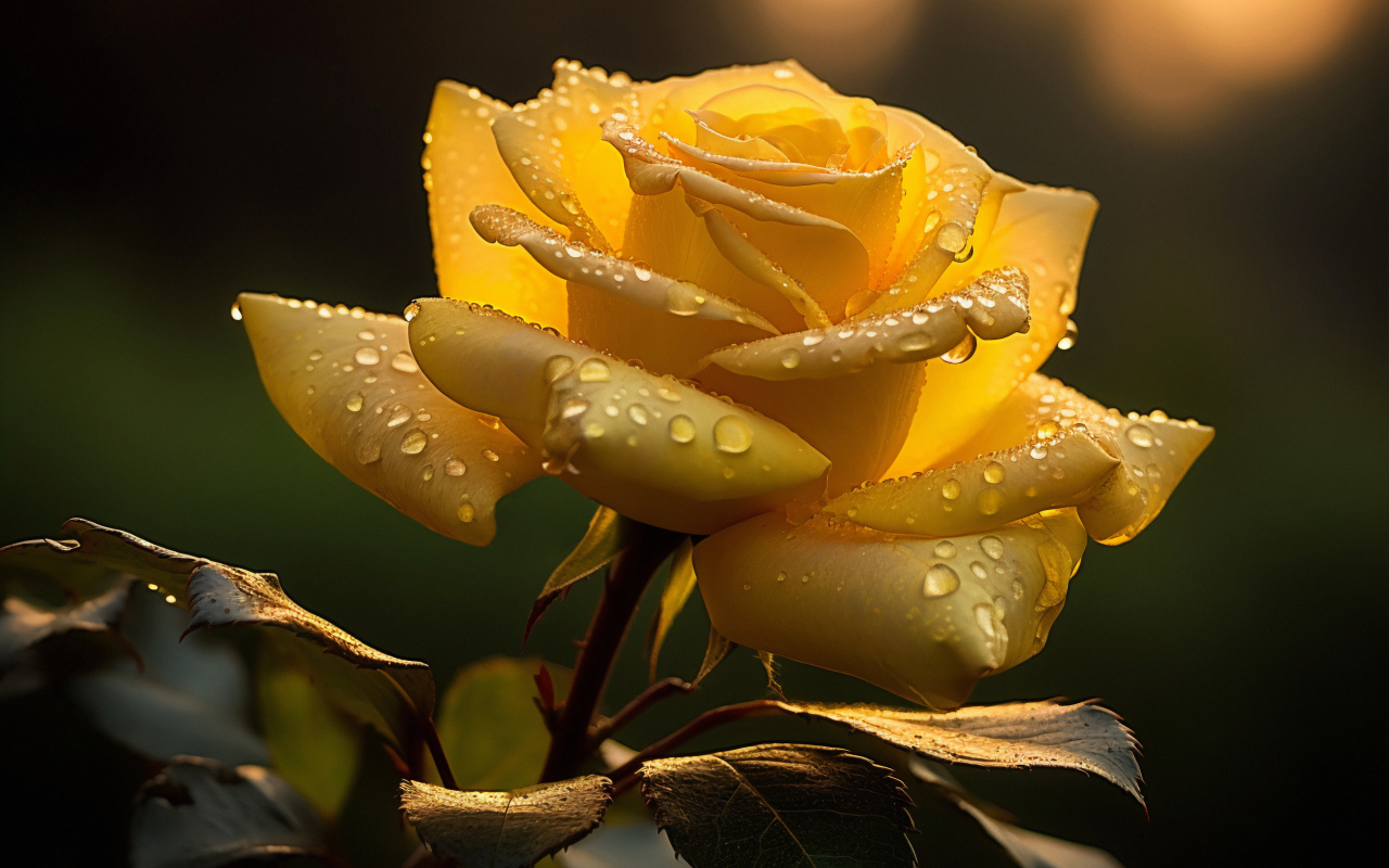 Красивая желтая роза с каплями росы на лепестках