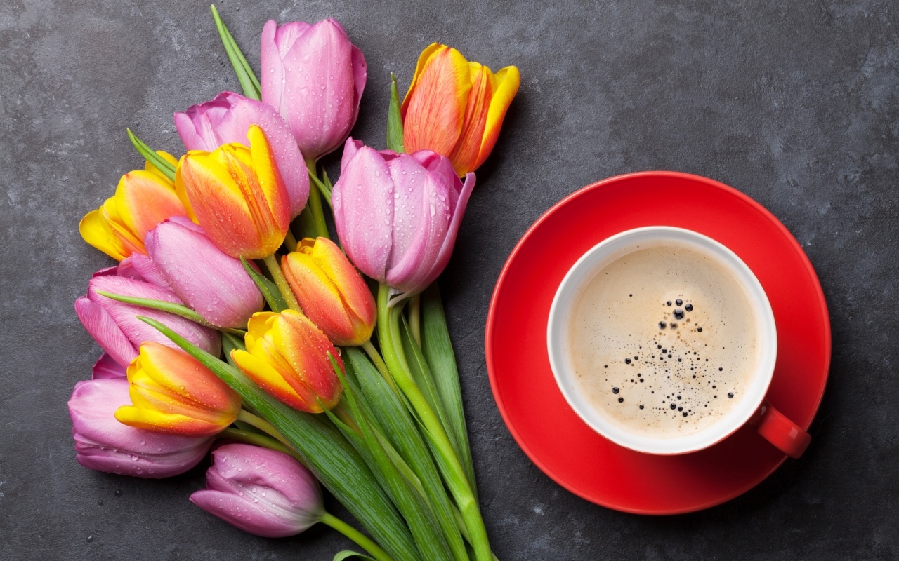 Букет разноцветных весенних тюльпанов на столе с чашкой кофе
