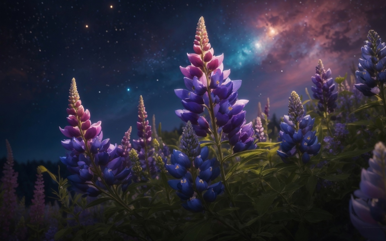 Цветы люпина под красивым ночным небом