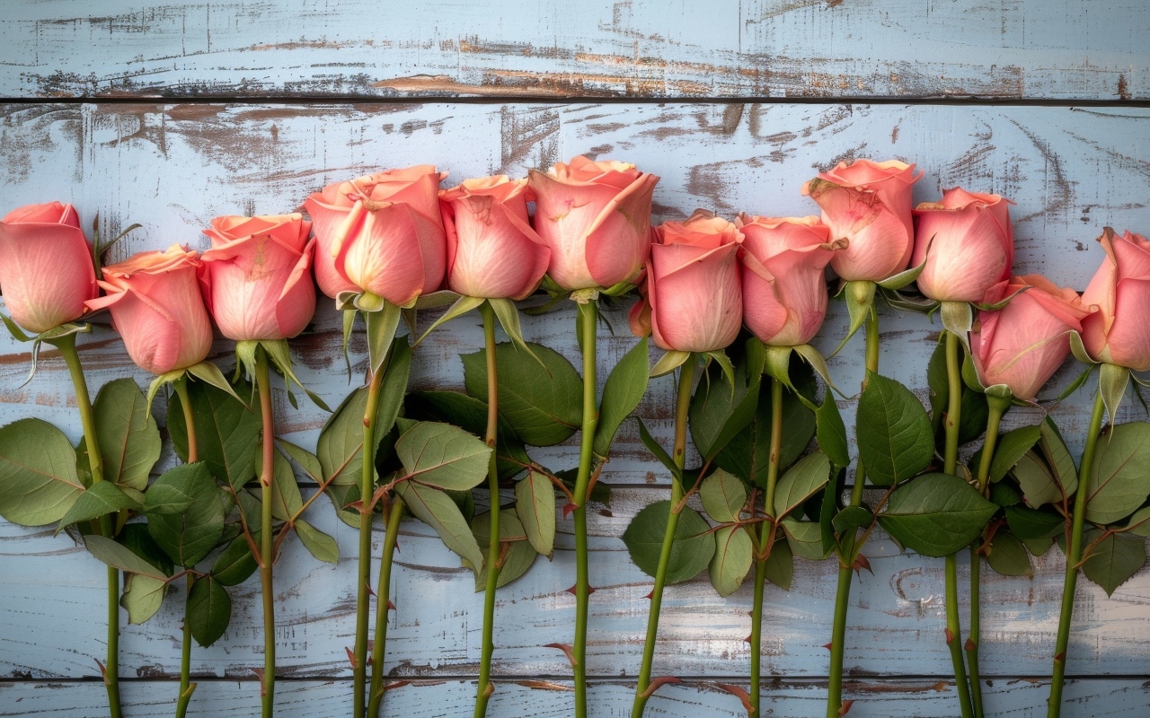 Ряд из розовых роз на деревянном столе
