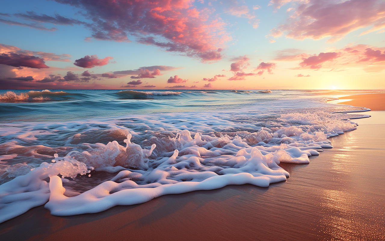 Белые морские волны на песке под красивым небом на рассвете 