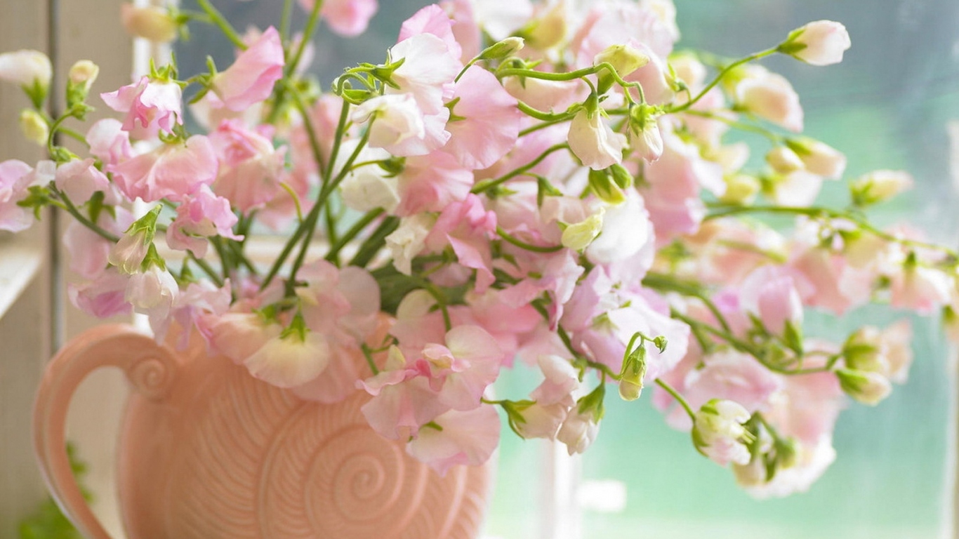 Цветы в розовой вазе