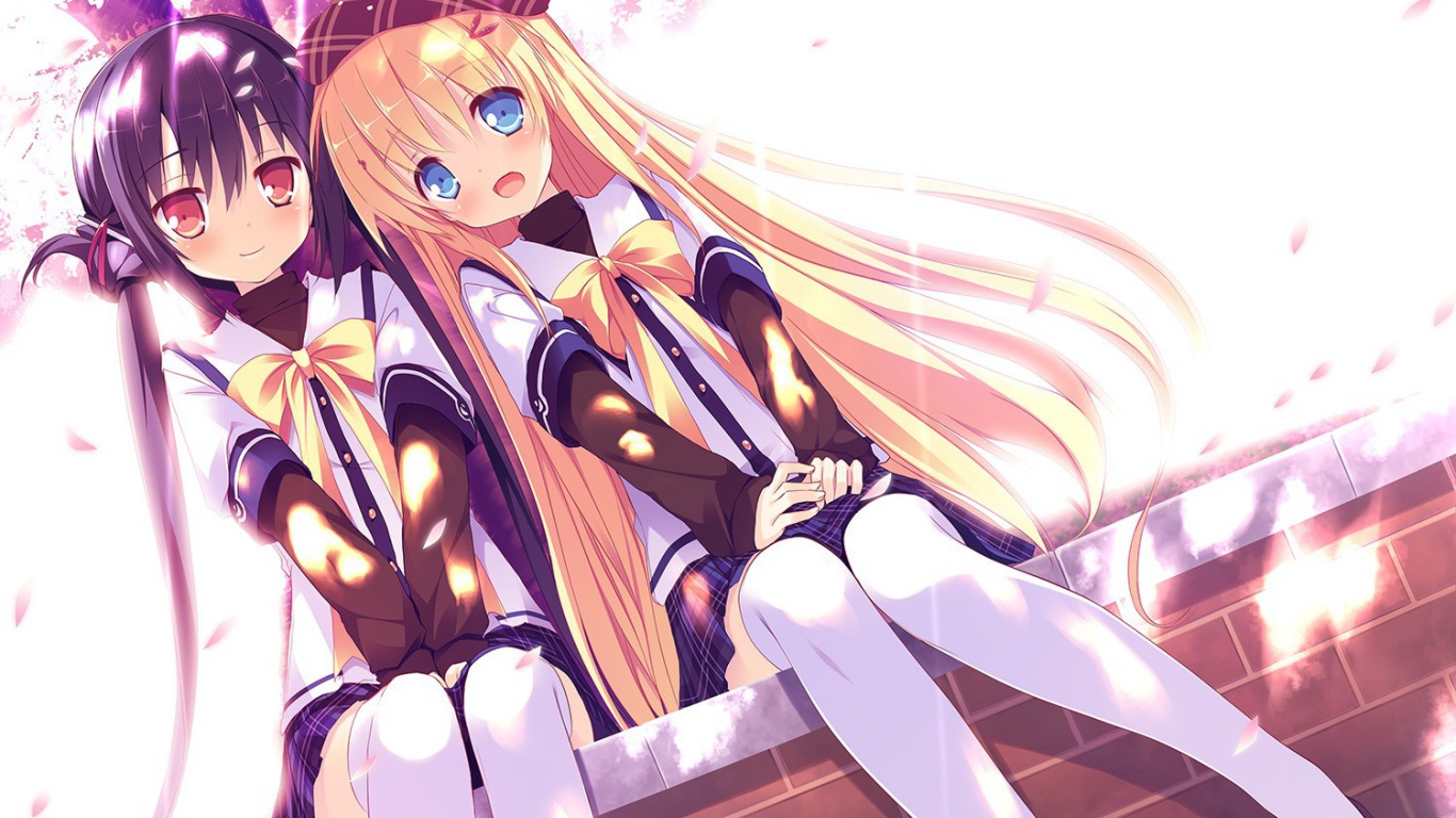 Аниме девочки сидят на бордюре