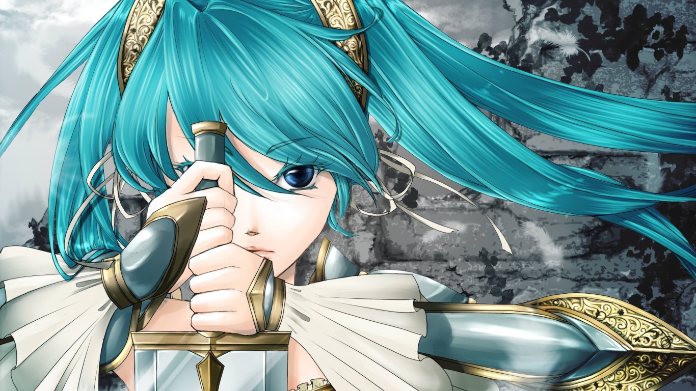 Девушка с голубыми волосами и мечом