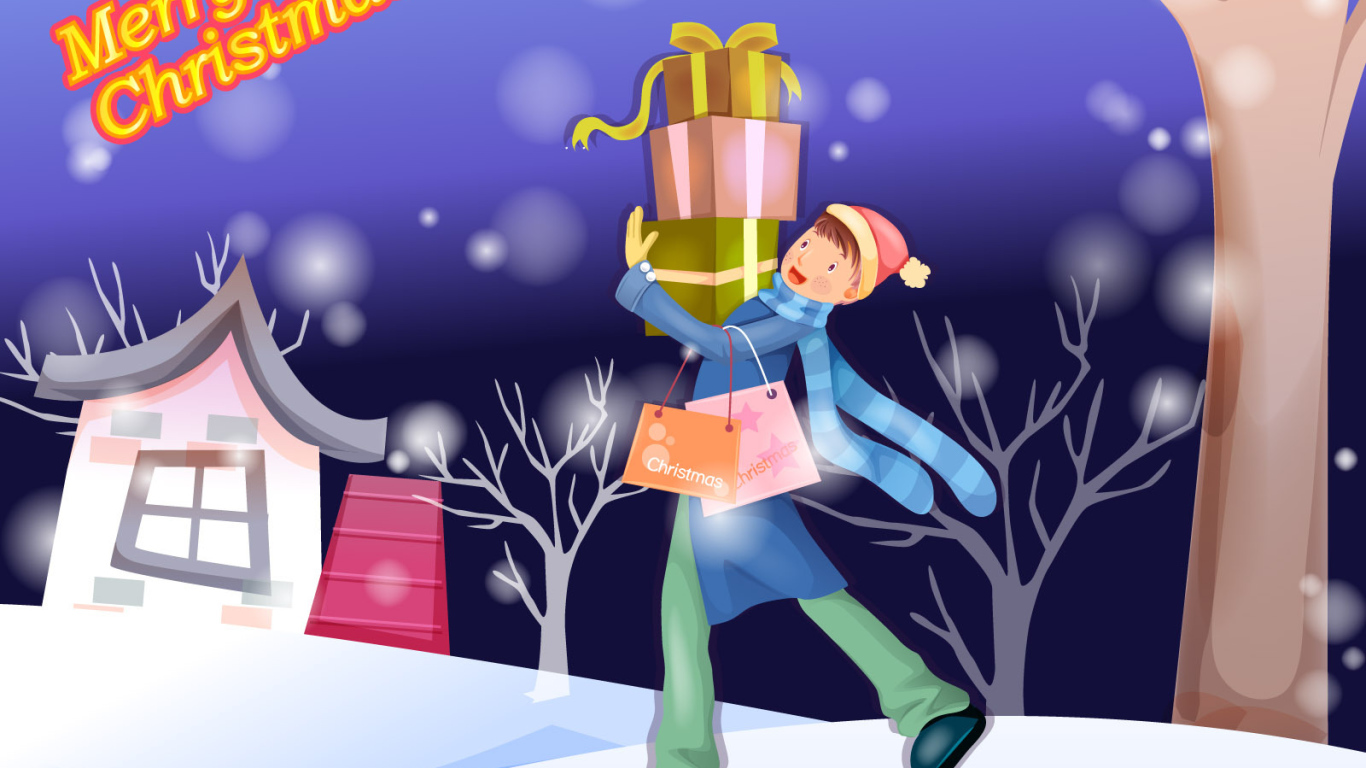 Мальчик идёт дарить подарки на рождество