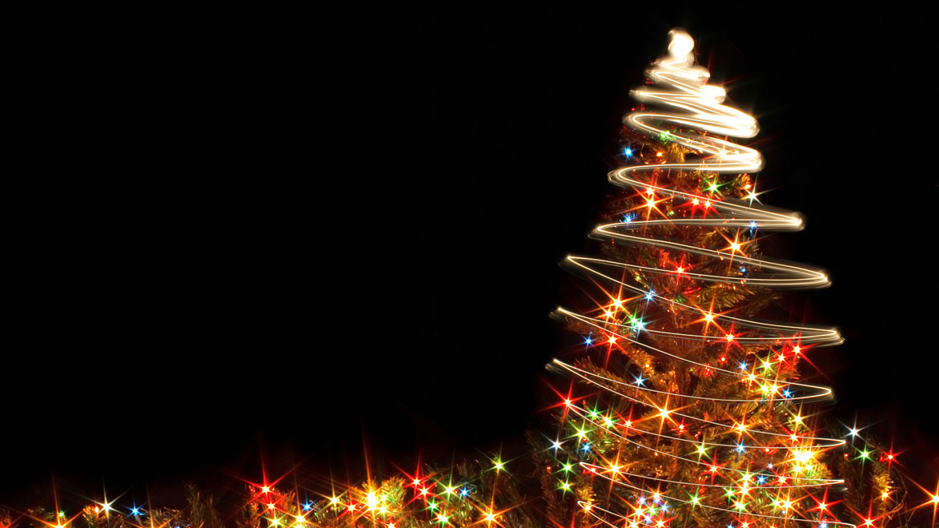 Огни и ёлка на рождество, чёрный фон