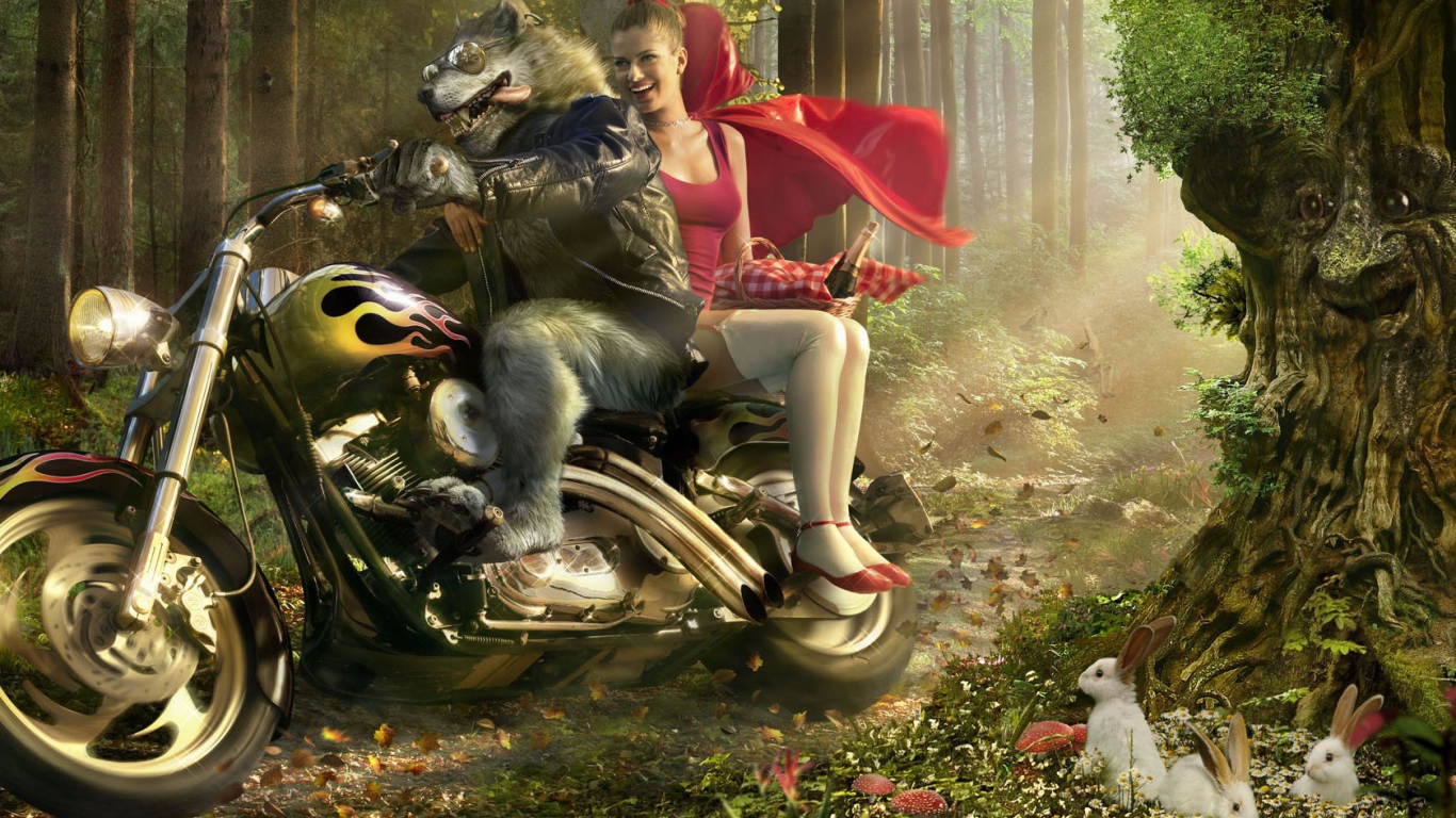 The wolf with the red hat on a motorcycle