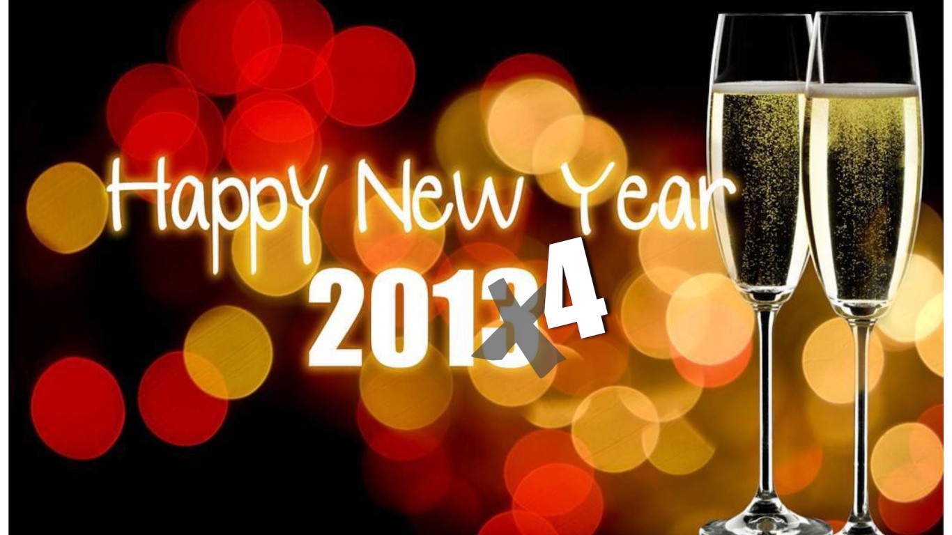 Счастливого Нового Года 2014, бокалы с шампанским и огни