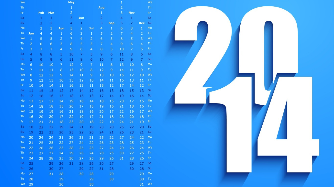Новый год 2014, календарь на голубом фоне