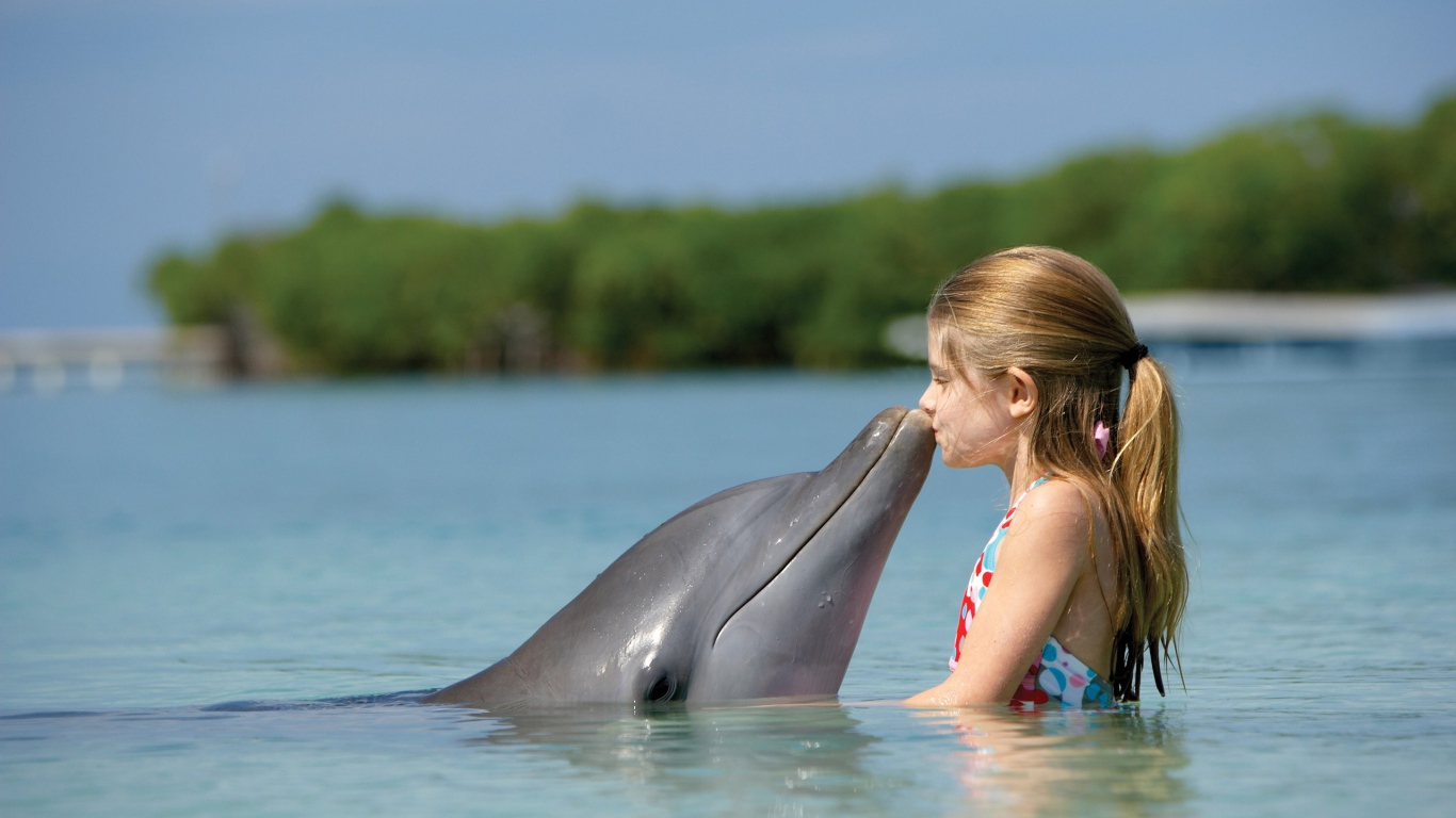 Девочка целует дельфина