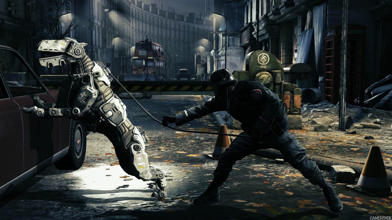 Wolfenstein New Order: солдат выпускает свою собаку