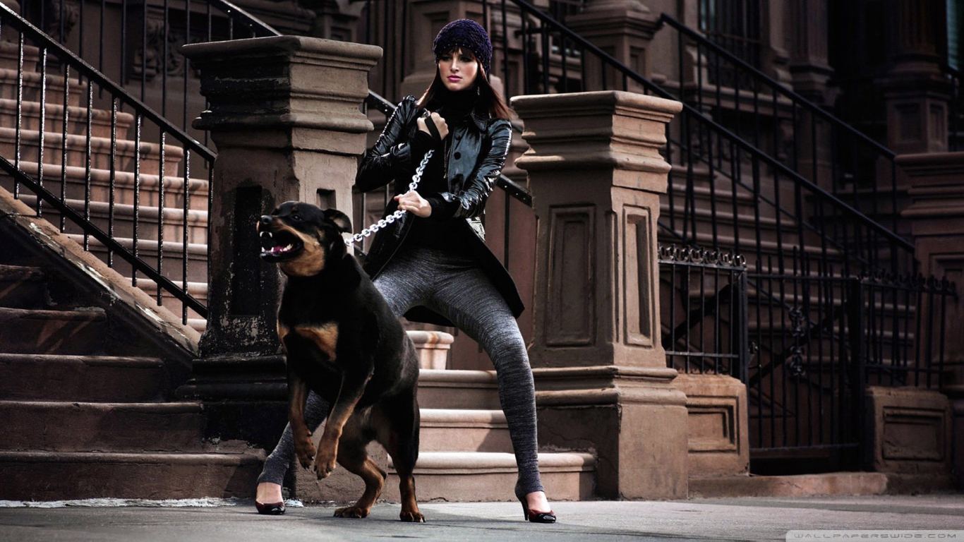 Девушка держит ротвейлера