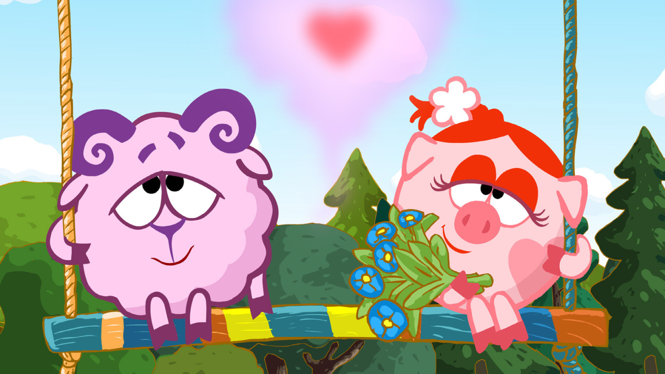 Бараш и Нюша на качелях в мультфильме Смешарики