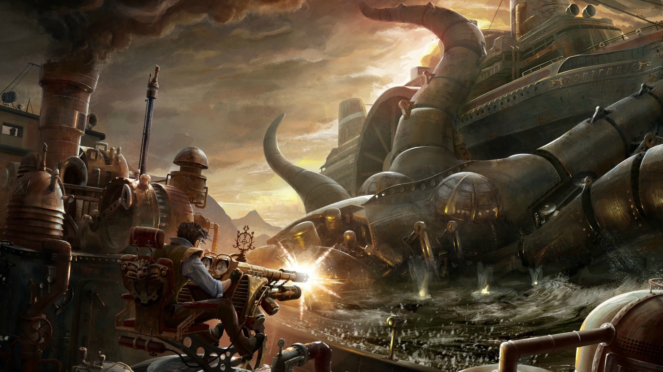 Борьба с металлическим монстром стимпанк