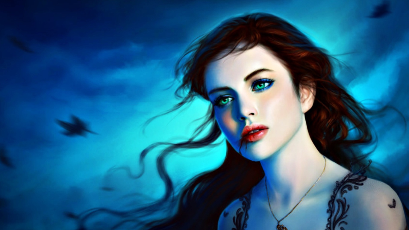 На фоне неба девушка вампир