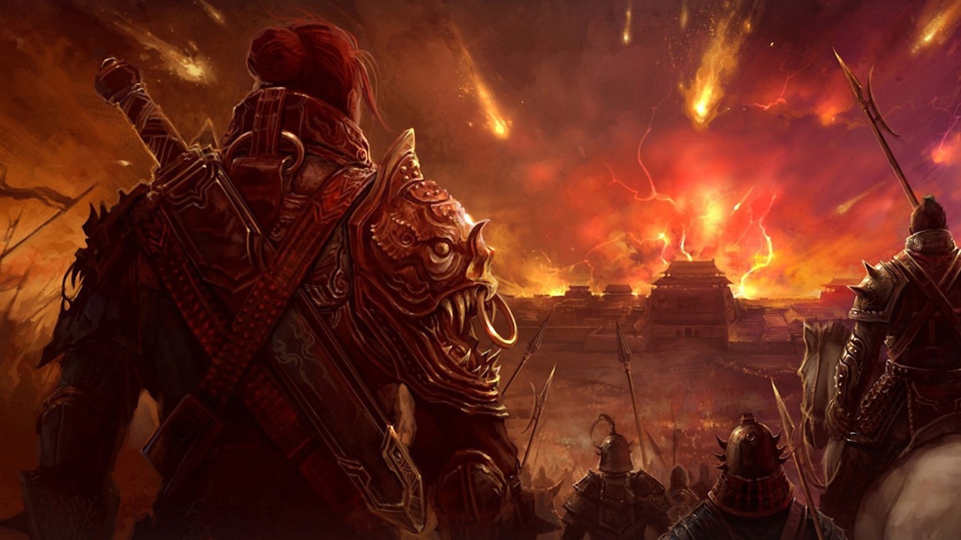 Воины смотрят на горящий город