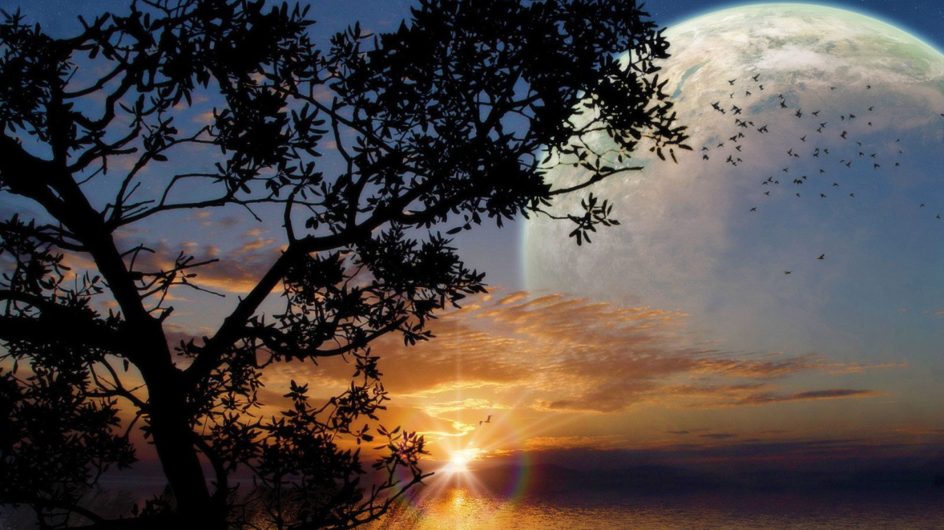 Фантастический закат с луной