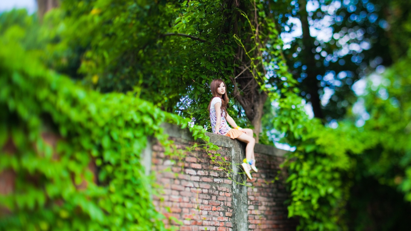 Японка сидит на стене