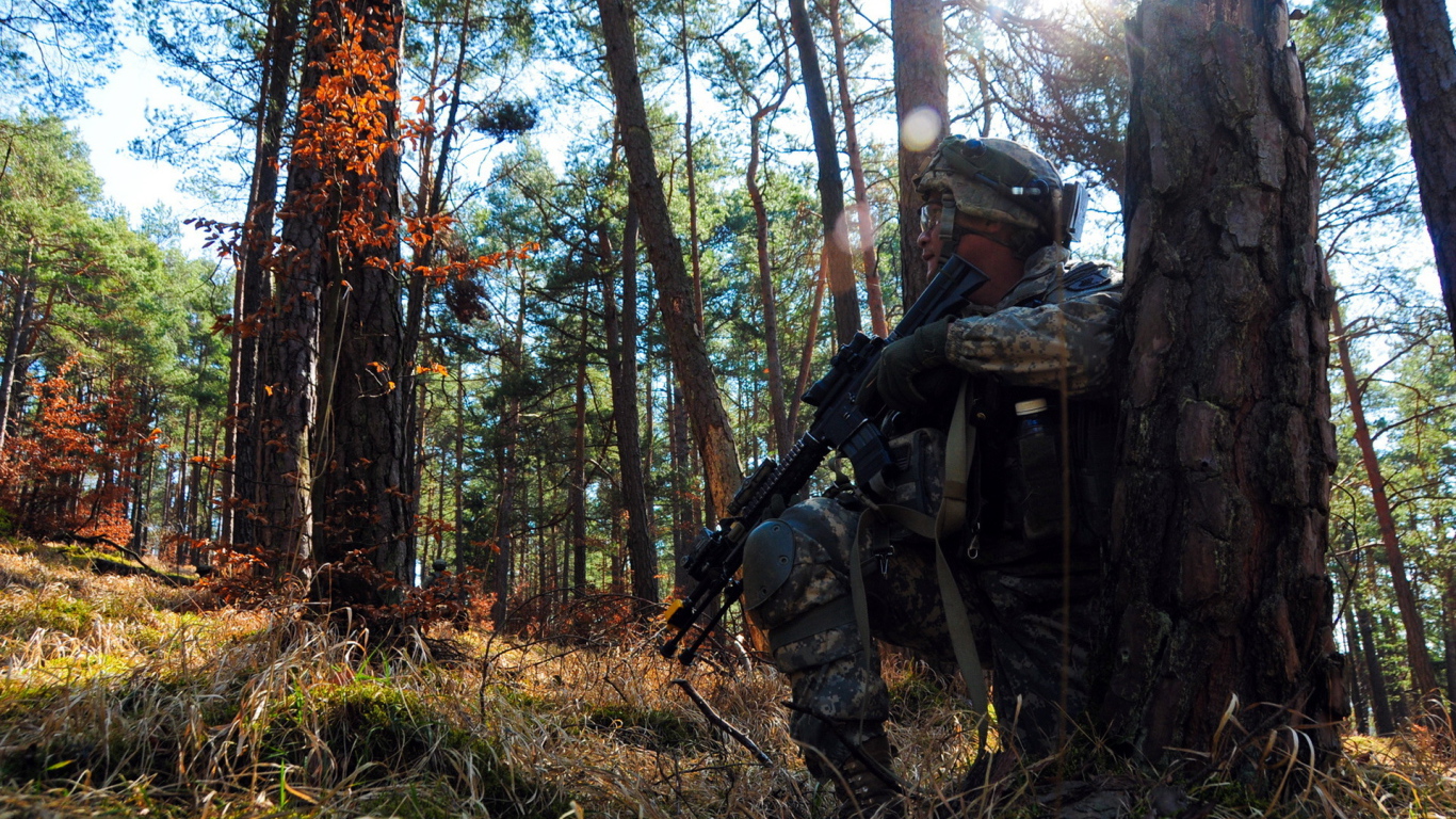 Солдат прячется за деревом