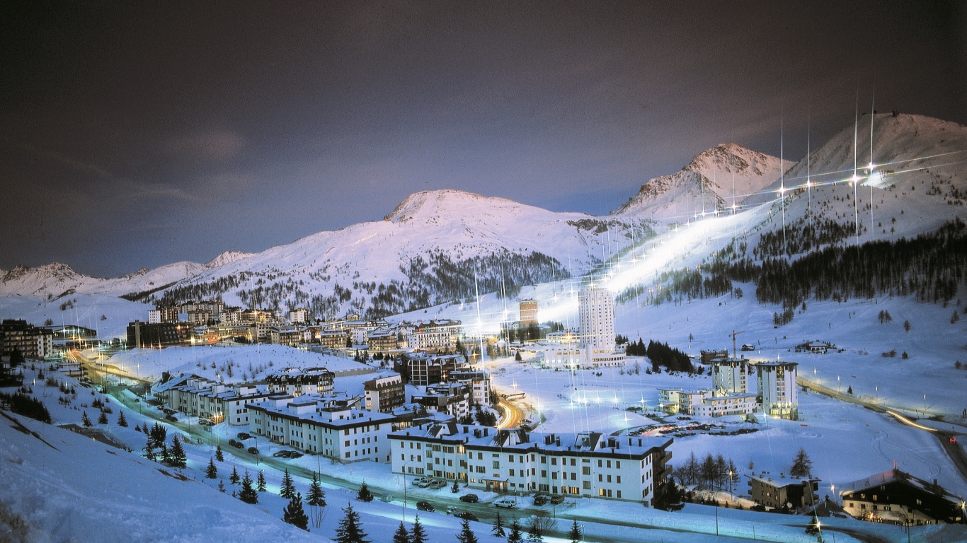 Night lights of the ski resort of Sestriere, Italy
