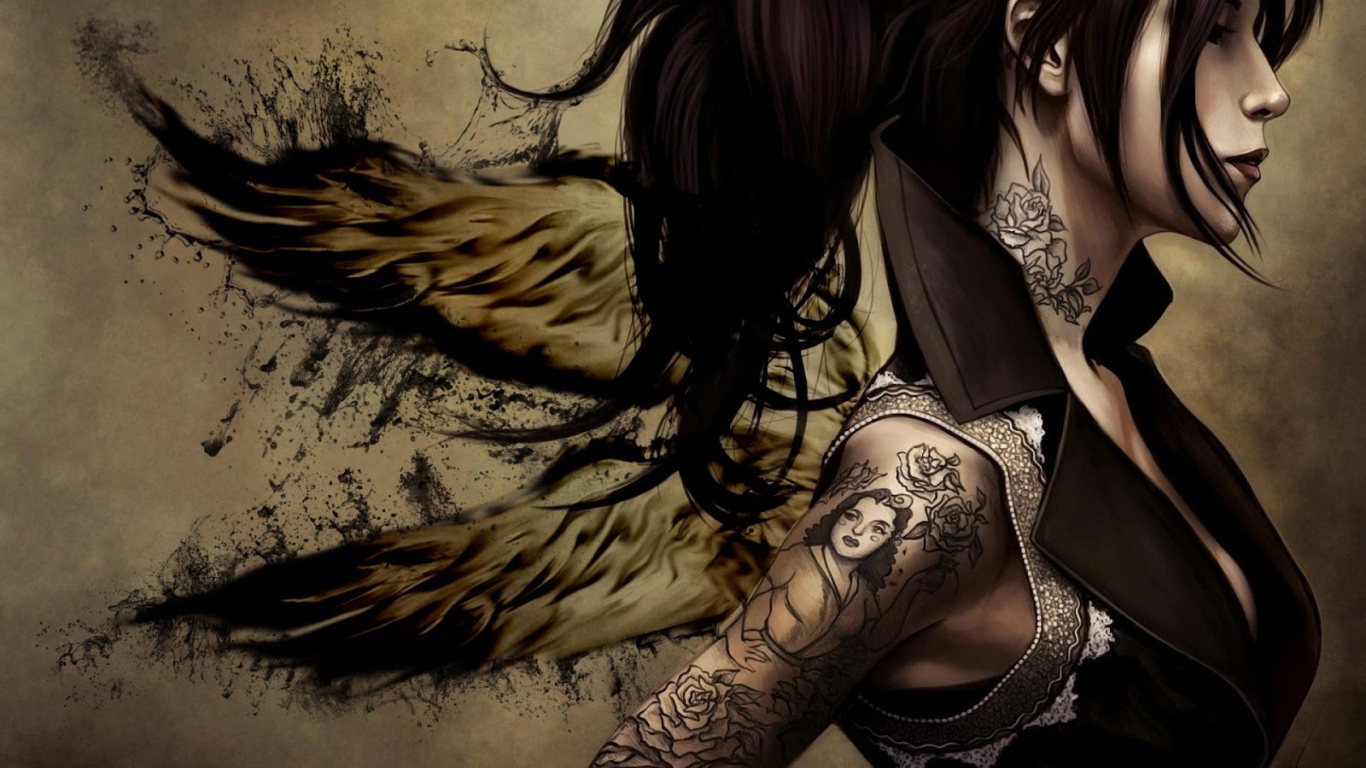 Девушка-ангел с татуировкой на руке
