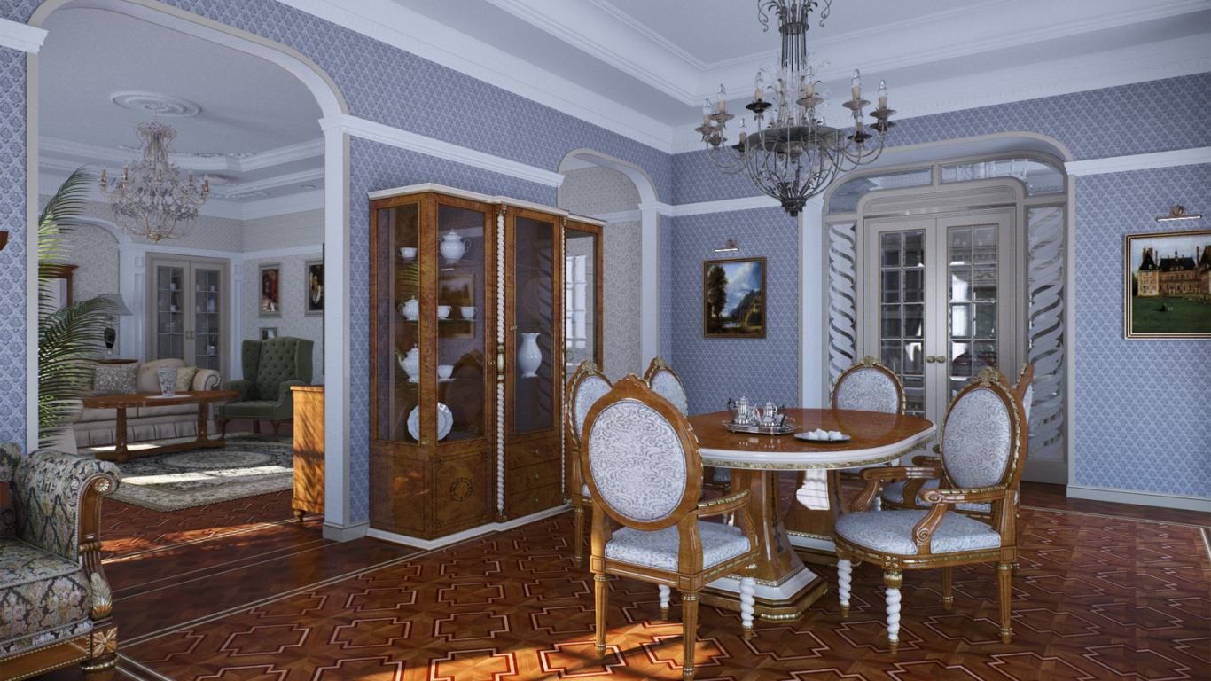 Паркет на полу в столовой