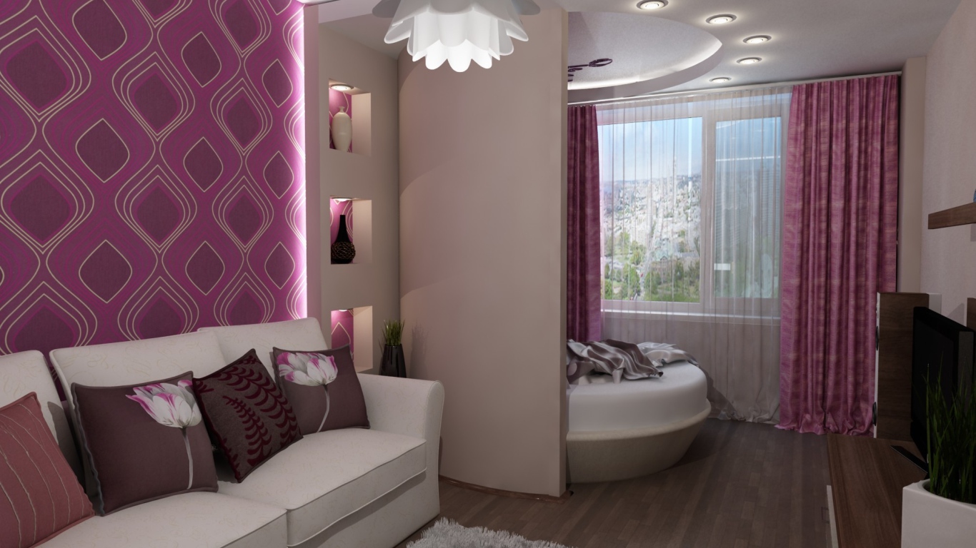 Фиолетовый орнамент на стене гостиной