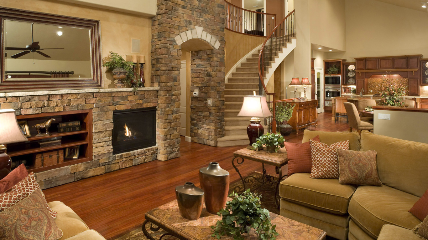 Каменные стены в гостиной