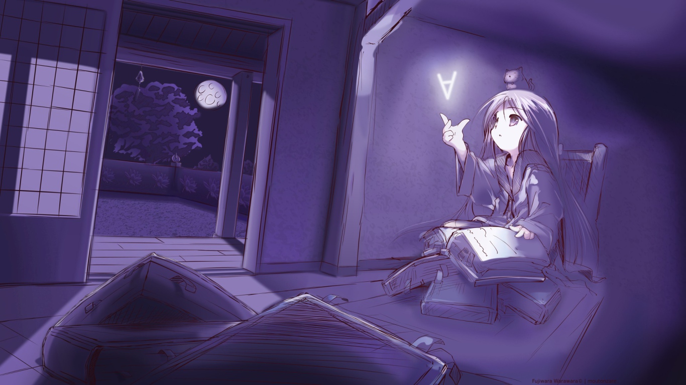 Девочка аниме ловит букву из книги