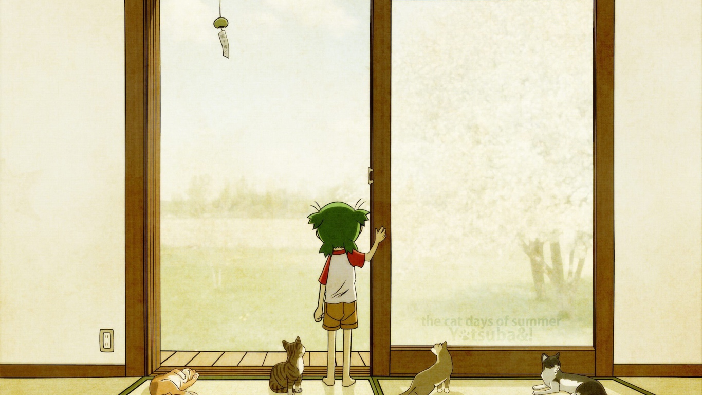 Девочка аниме с котами смотрит в окно